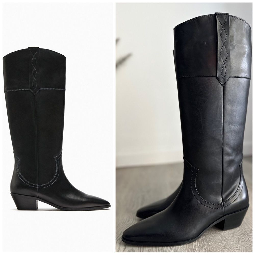 ZARA LEATHER COWBOY BOOTS NEW - Picture 2 of 11